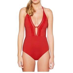 Laundry by Shelli Segal One Piece Lace Trim Red ( spice) Swimsuit Size M